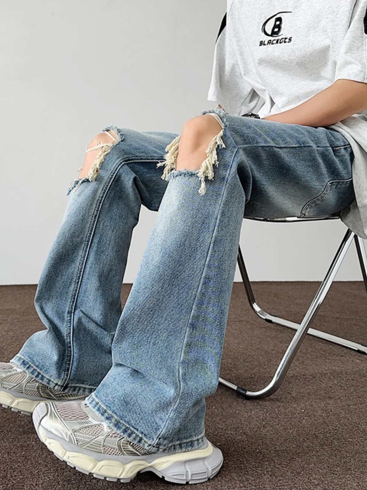 

American Sle Men's Jeans High Street Personali Design Water Wa Blue Straight Leg Micro Flare Pants Summer Casual Jeans