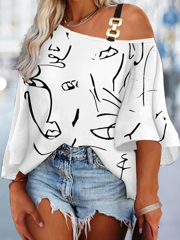 

2025 Halter Hollow Out Printing Sweatshirts Women Summer Loungewear Fashion Short Batwing Sleeve XL-5XL Top Blouses Dropshipping