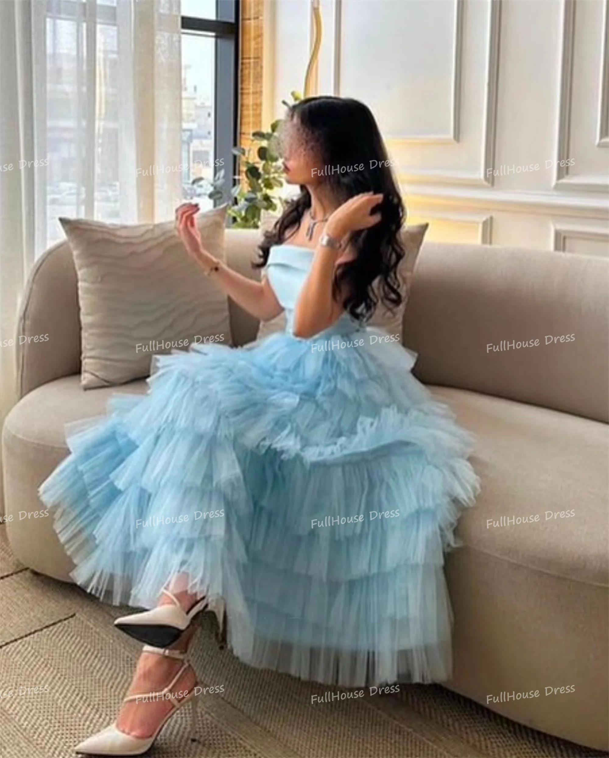 Vestido de noche con cuello barco azul cielo de tul sin tirantes hecho a medida, volantes escalonados, corte en A, vestidos de graduación para mujer, vestido de fiesta Formal