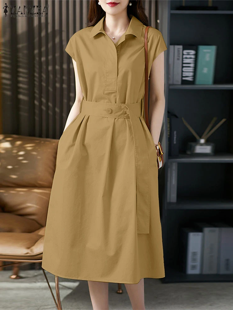 

ZANZEA Women Casual Shirtdress 2025 Summer Turn-Down Collar Short Cap Sleeve Belted Midi Dress Commuting Solid Robes Femme