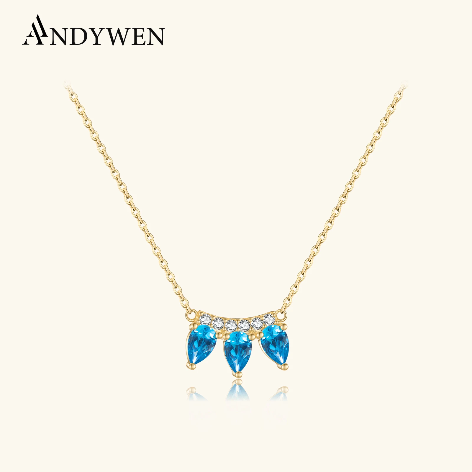 

ANDYWEN 925 Sterling Silver Three Pear Shape Blue Zircon Pendant Necklace CZ Women 2024 New Luxury Birthday Fine Jewelry Gift