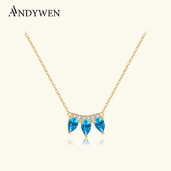 ANDYWEN 925 Sterling Silver Three Pear Shape Blue Zircon Pendant Necklace CZ Women 2024 New Luxury Birthday Fine Jewelry Gift