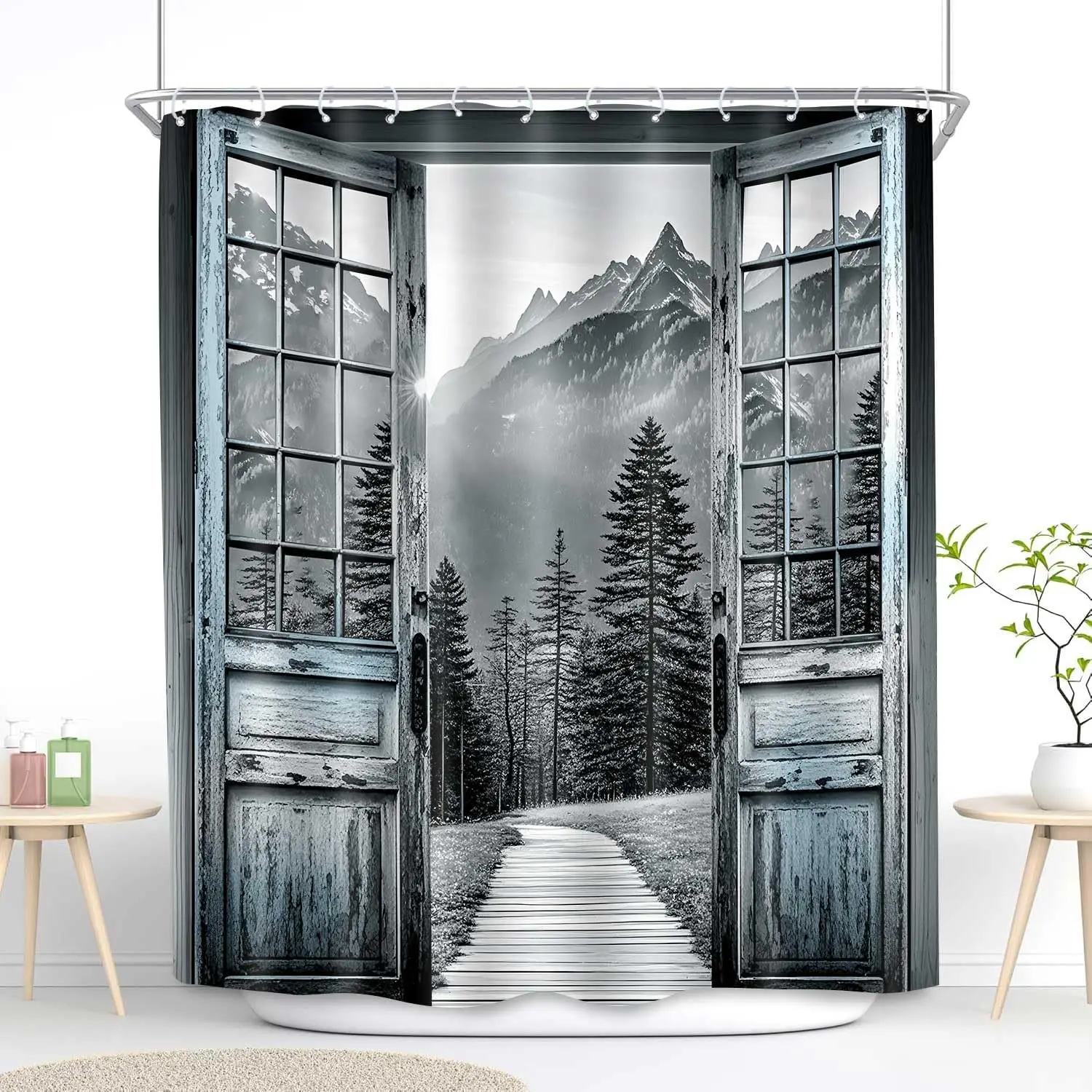 

Легкая туманная лесная занавеска для душа, дорожка снаружи деревянной двери в лес, высокие горные шторы, серая водонепроницаемая ткань для автофургона