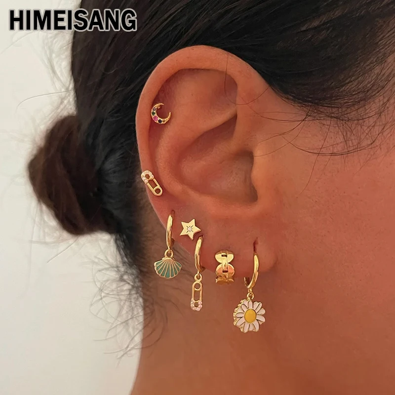 HIMEISANG Gold Plated Hoop Earrings Set for Women Retro Boho Piercing Ear Cuffs Stud Drop Dangle Earrings Jewelry Accessories