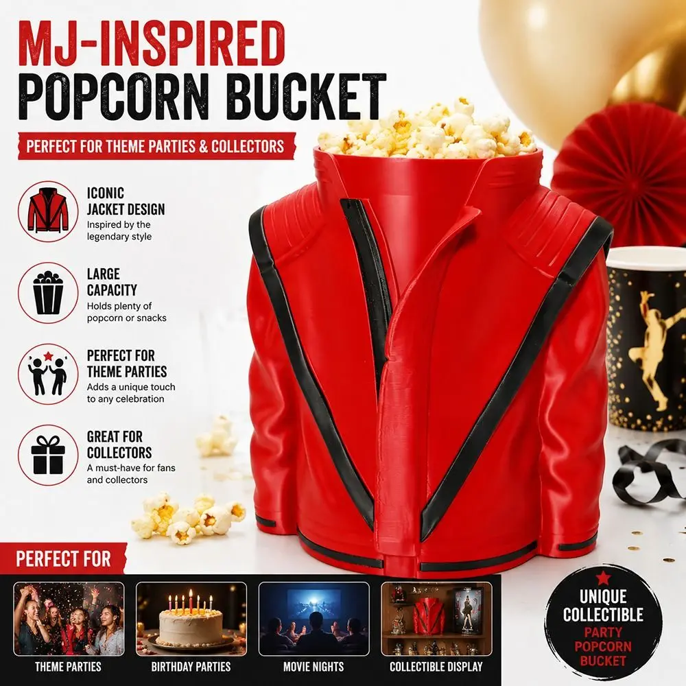 3D Printed Design Popcorn Bucket Red Thriller Jacket Durable Material Snack Bowl Novelty Shape Large Capacity