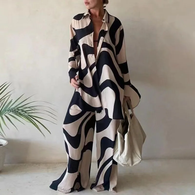 European and American New Product Set Fashion Printed Loose Long Sleeved Shirt+Straight Leg Pants for Women