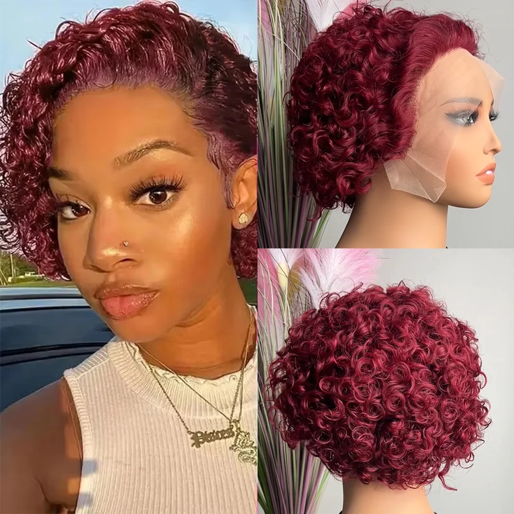 

99J Pixies Cut Парики Человеческие Волосы Короткие Вьющиеся Парики Человеческих Волос Бразильские Волнистые Парики Боб 13x1 Прозрачные Парики Шнурка