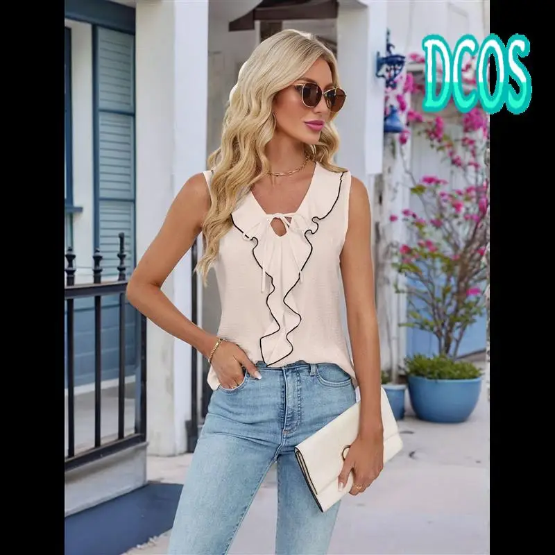 

DCOS-Womens Summer Tank Tops V Neck Ruffle Sleeveless Business Casual Outfit Ladies Work Dressy Blouse