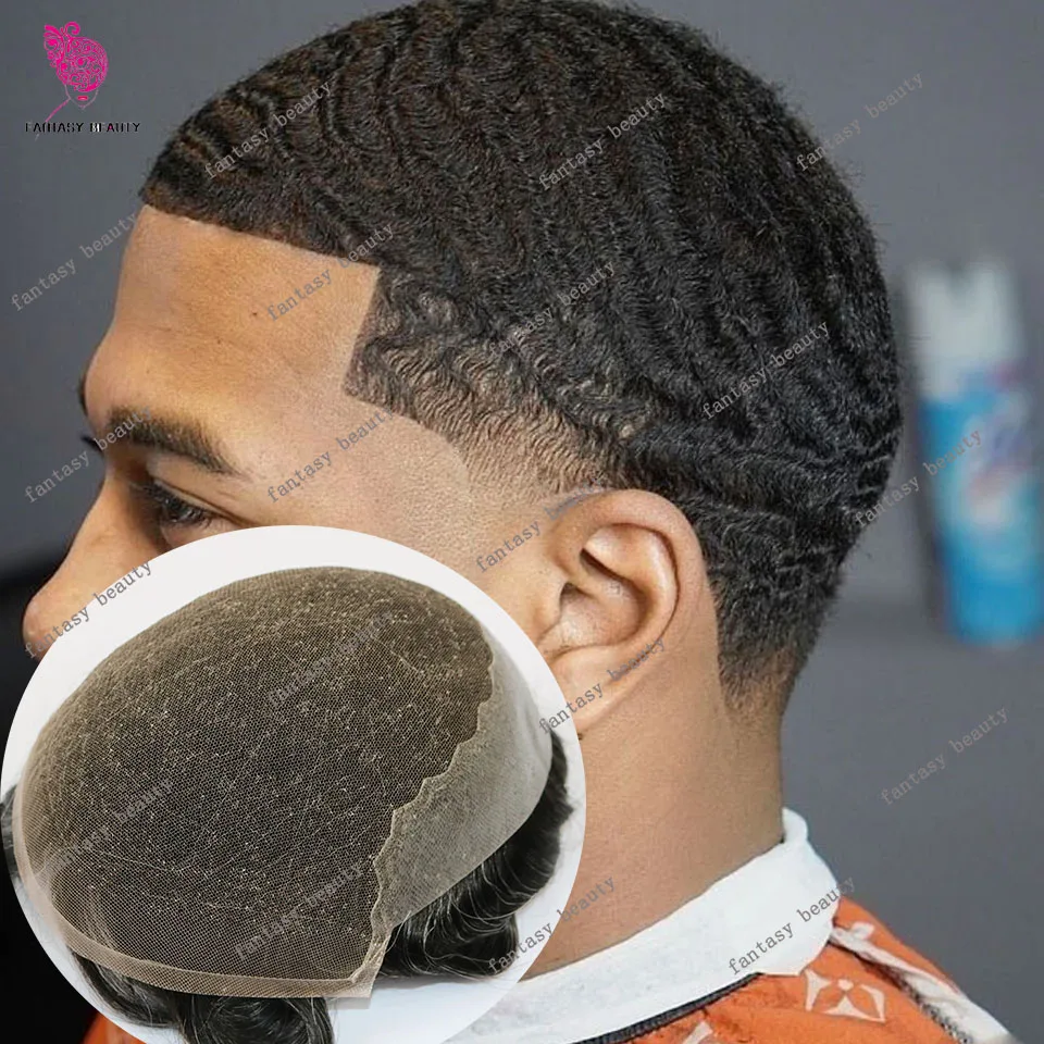 

Супер прочный вьющийся парик 10 мм, глубокая волна, черный афро Q6, мужской парик на кружеве спереди, 100% человеческие волосы, естественная линия волос, мужские отбеливающие узлы