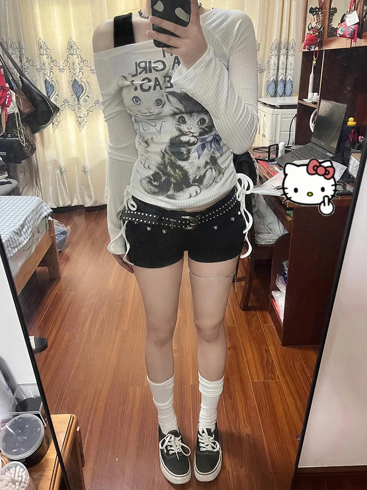 Camiseta Retro americana fiti de un solo hombro para mujer, camiseta larga adelgazante de verano, protección solar, fina, marca fresca Faion