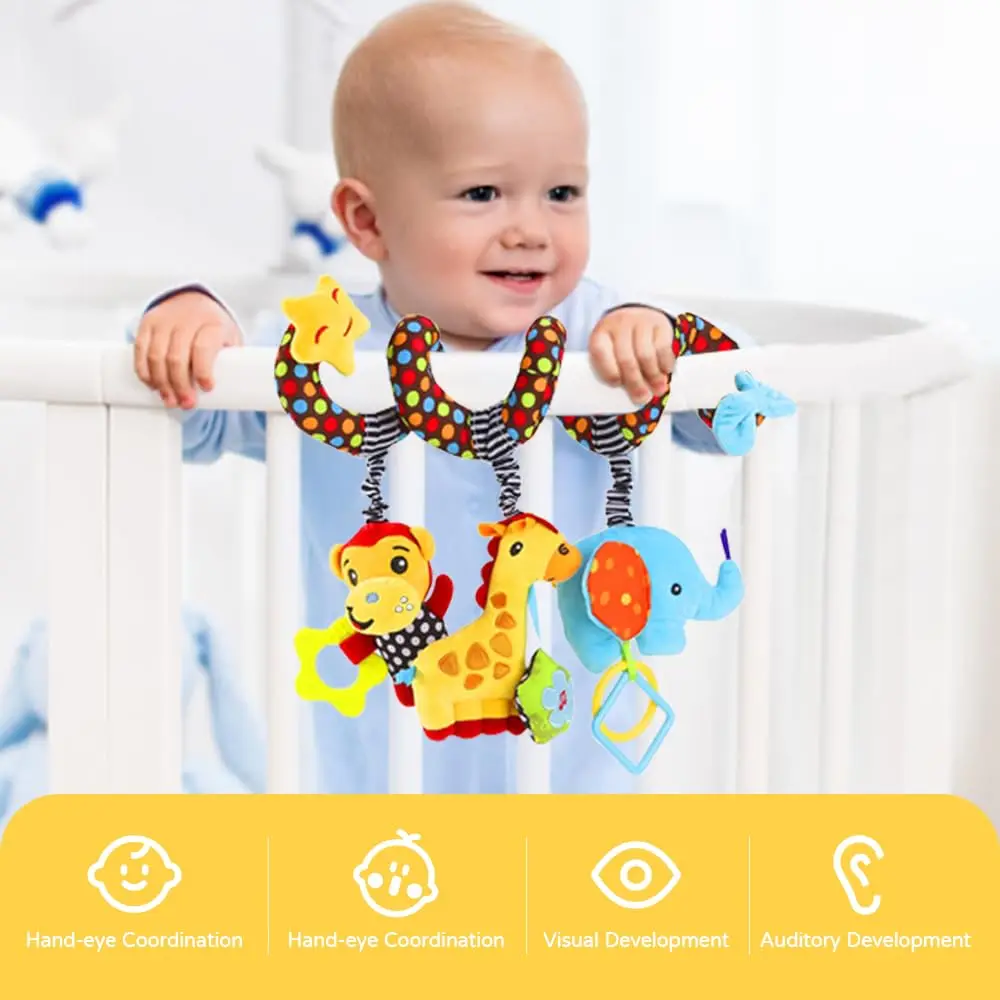 Baby Car Seat Stroller Spiral Hanging Toys Sensory 0-12 Months Newborn Toys Crib Bassinet Mobile Music Box BB Squeaker Rattles