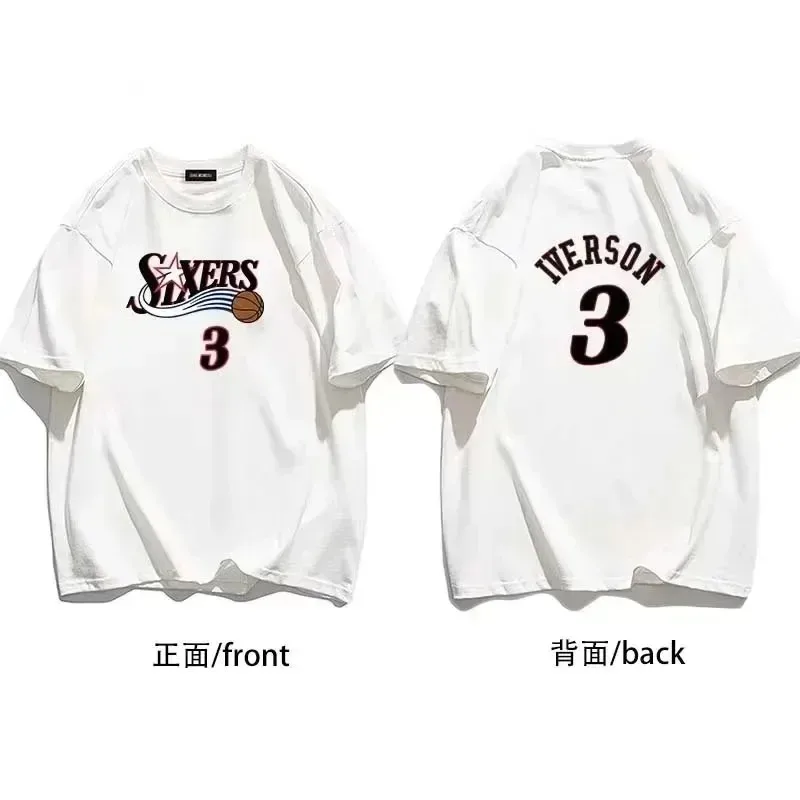 New Summer Short-sleeved 76ers Iverson No. 3 Training Wear Men's Sports Pure Cotton T-shirt Men's Teet Oversized Loose TopS