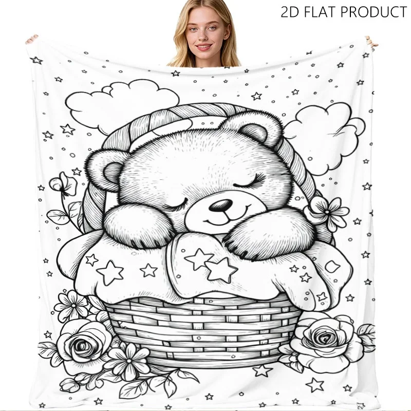 1pc DIY Coloring Throw Blanket, Sleeping Teddy Bear in Basket Line Art, Star Flower Cloud Pattern for Sofa Office Nap