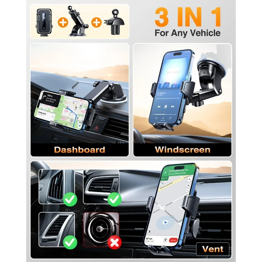 حامل هاتف السيارة المحدث لعام 2025، [85+LBS أقوى شفط] حاصل على براءة اختراع آمنة للهاتف الخلوي على الزجاج الأمامي ولوحة القيادة وفتحة تهوية للشاحنة
