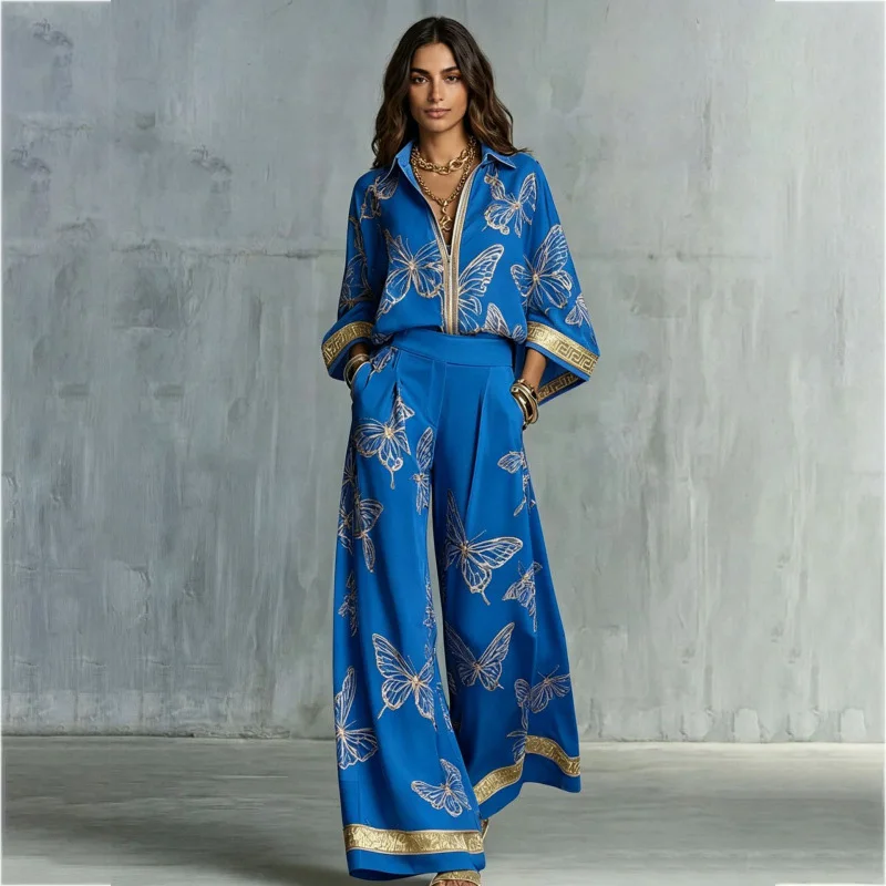 Women Gold Border Butterfly Print Matching Suit Ladies Long Sleeve Zipper Shirt Loose Wide Leg Trousers Fashion Two Piece Outfit