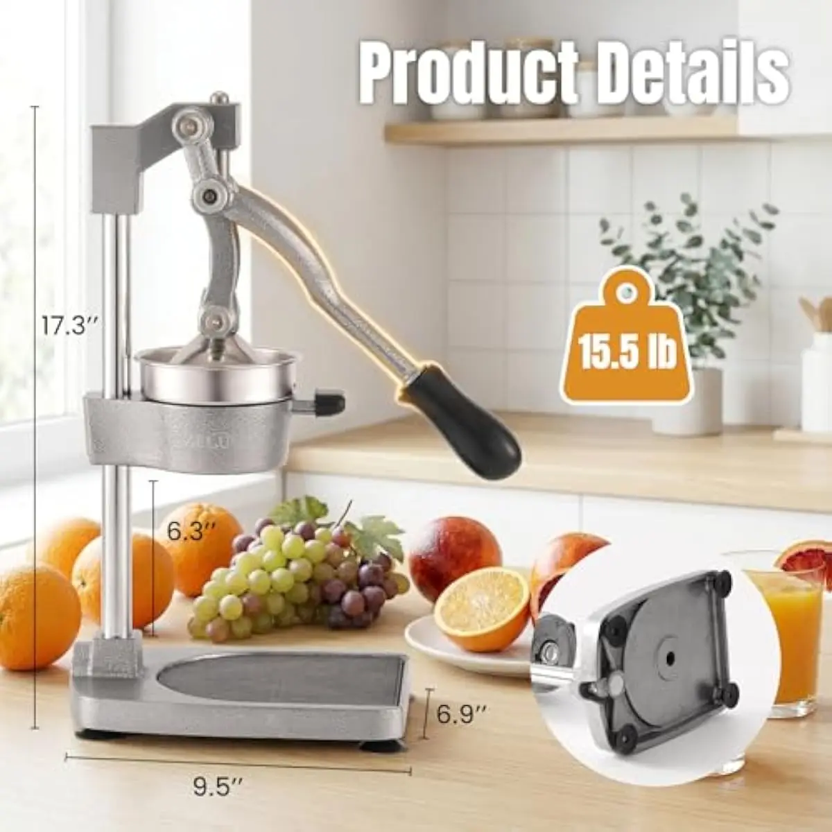 Manual Cast Iron Citrus Press for Lemons Oranges Pomegranates | High-Yield Juice Extraction | Cordless Quiet Operation | Easy-Ri
