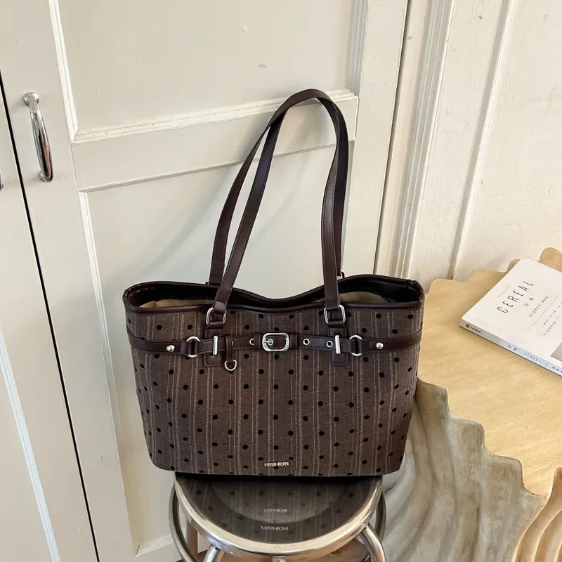 Retro Polka Dot Striped Tote for Women, Large Capacity Shoulder Handbag with Belt Buckle Detail, Casual Daily Commute Purse