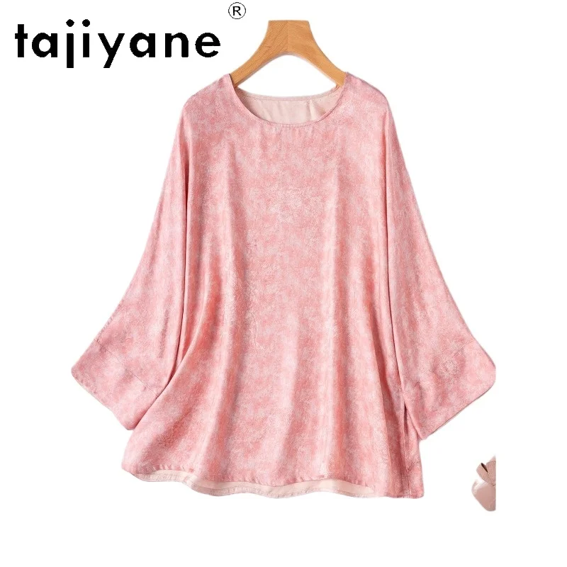 TAJIYANE Reversible Jacquard Women T Shirts 100% Mulberry Silk Shirt elegant Summer Tops for Woman Clothing Oversized Tshirt 티셔츠