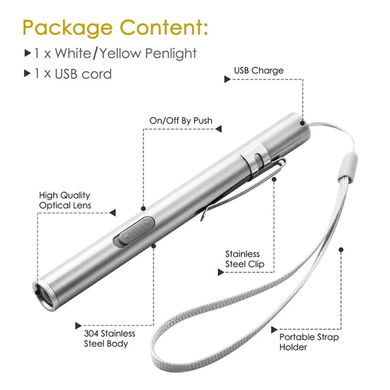 Heldere draagbare mini-USB oplaadbare medische handige tandartsverpleegsterzaklamp met roestvrijstalen clip - compacte penlichtzaklamp