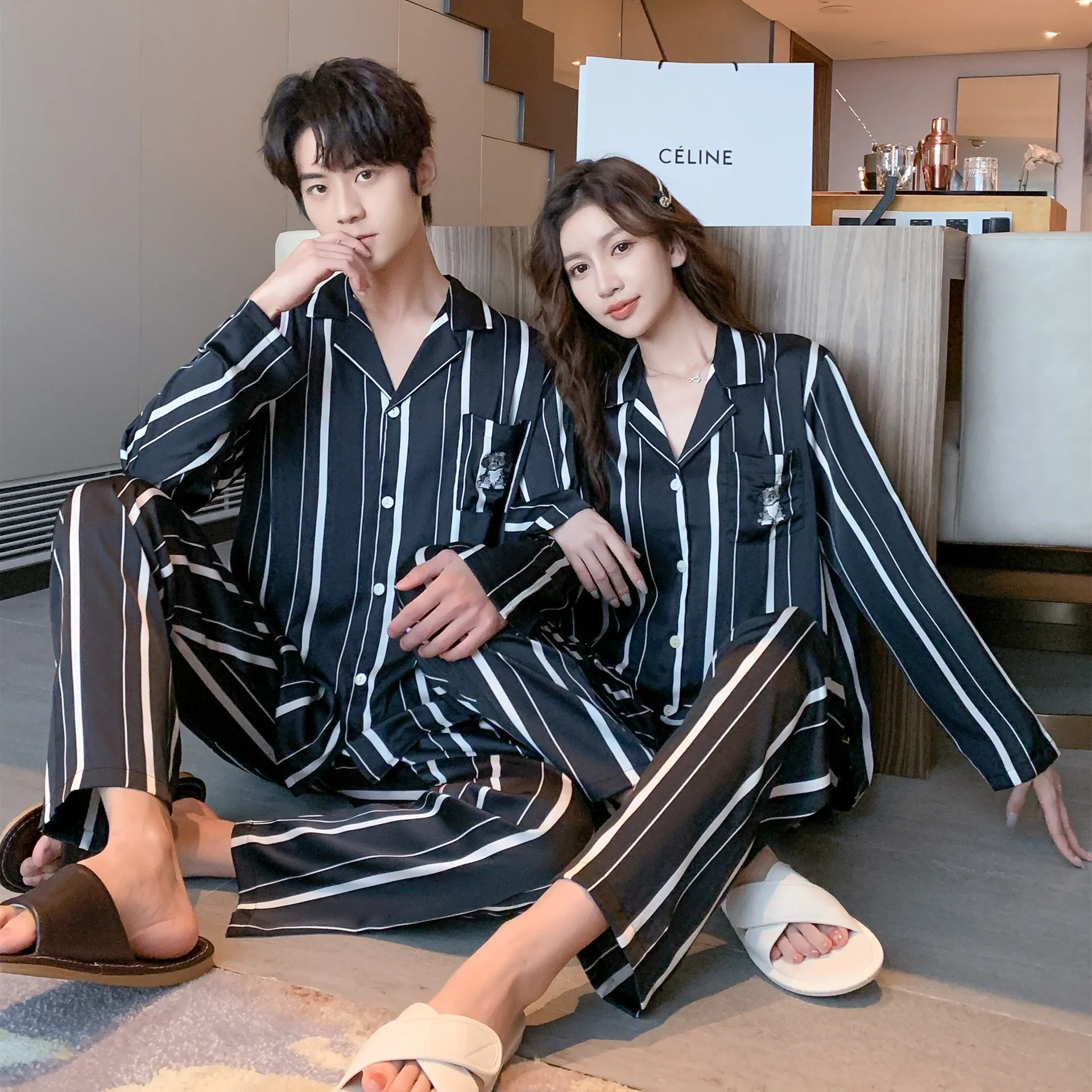 Fashion Design Pajamas Suit Women Men Ice Silk Long Sleeves Home Colth Couples Satin Thin Sleepwear Set Cool Summer Male Female