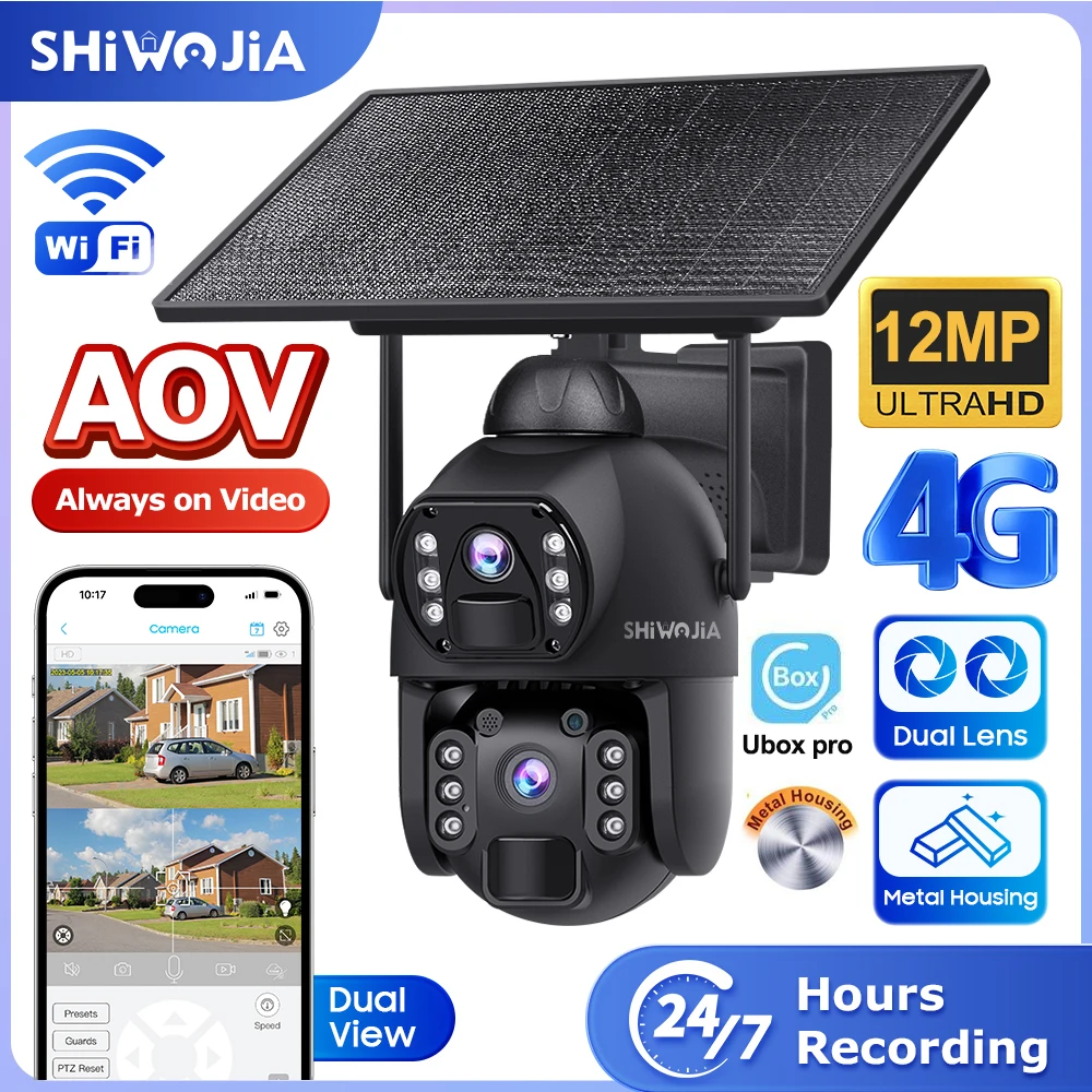 SHIWOJIA 12MP 4G SIM كاميرا الأمن الشمسية AOV 20100mAh بطارية 10 واط لوحة طاقة شمسية واي فاي عدسة مزدوجة تسجيل تتبع الإنسان