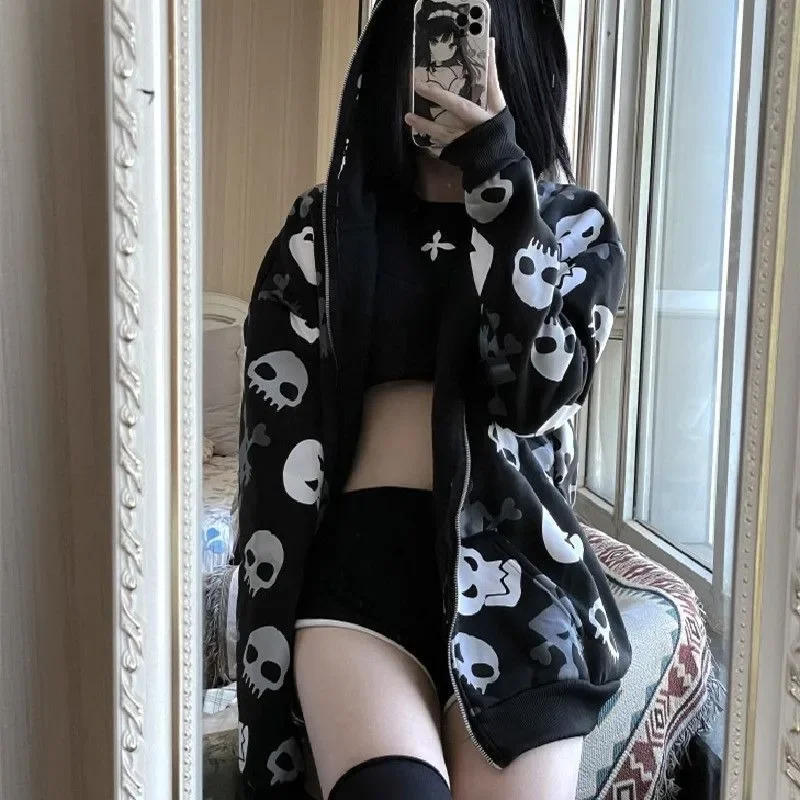 Autumn Gothic Harajuku Punk Hoodies Women Goth Tops Streetwear Y2k Black Long Sleeve Zip Up Hooded Rock Punk Sweatshirt