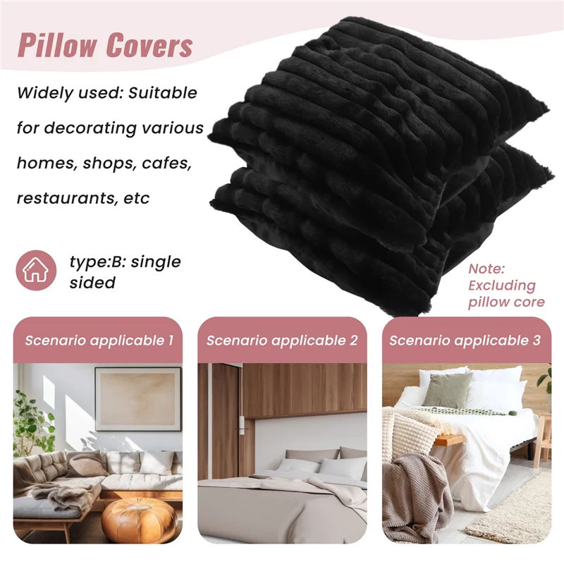 PBフェイクファーぬいぐるみブラックスローピローカバー、ふわふわストライプ枕カバー、クッションカバー、18 x 18インチ、装飾ソファ、カウチ、寝室用、B Dura