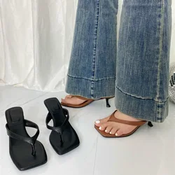 Women Leather High Heeled Sandals Summer New Fashion Square Toe Open Toe Beach Flip Flops Women Luxury Black High Heeled Sandals