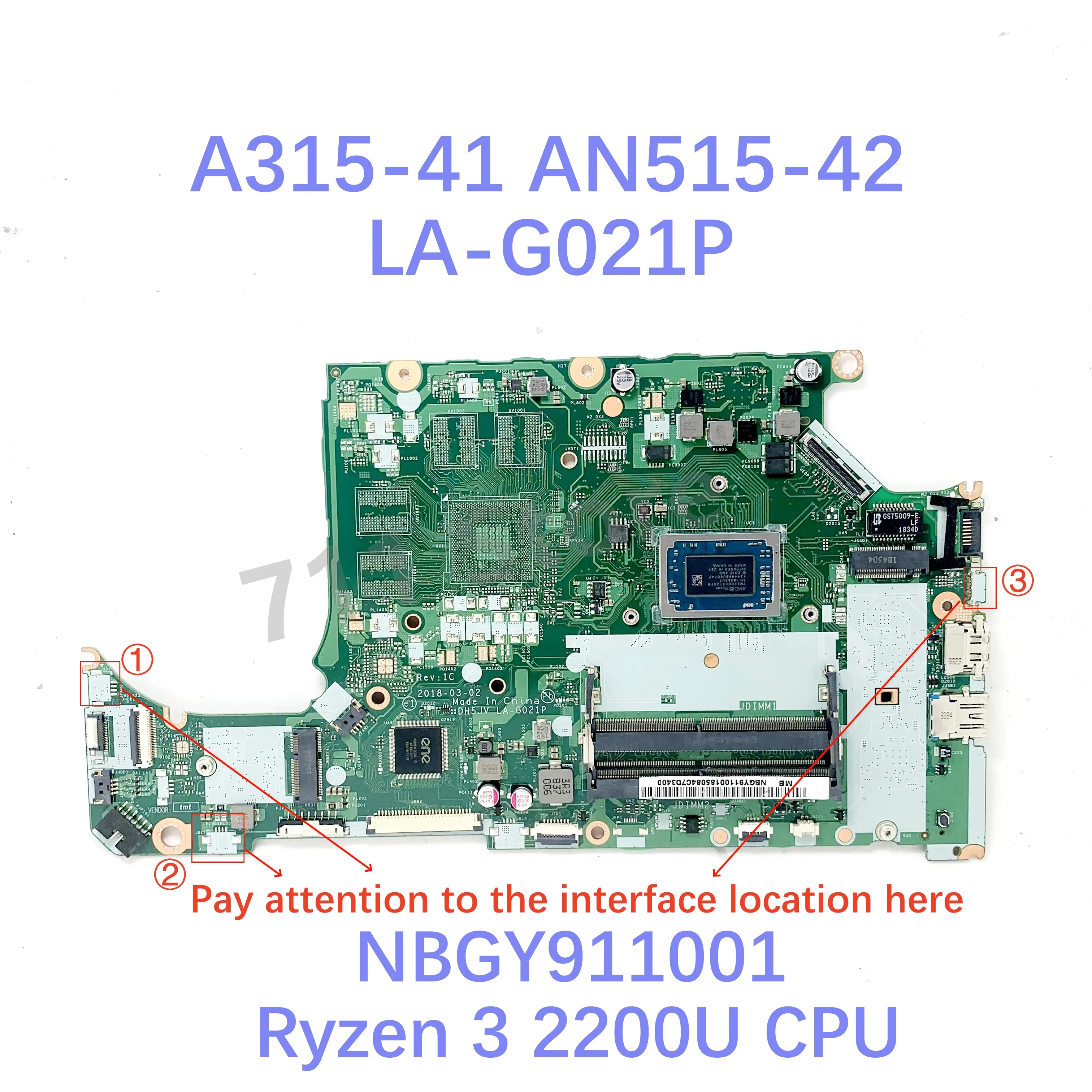 Placa-mãe LA-G021P com r3 2200u/r5 2500u/r7 2700u cpu para acer A315-41 AN515-42 placa-mãe do portátil gm/rx560 100% testado ok