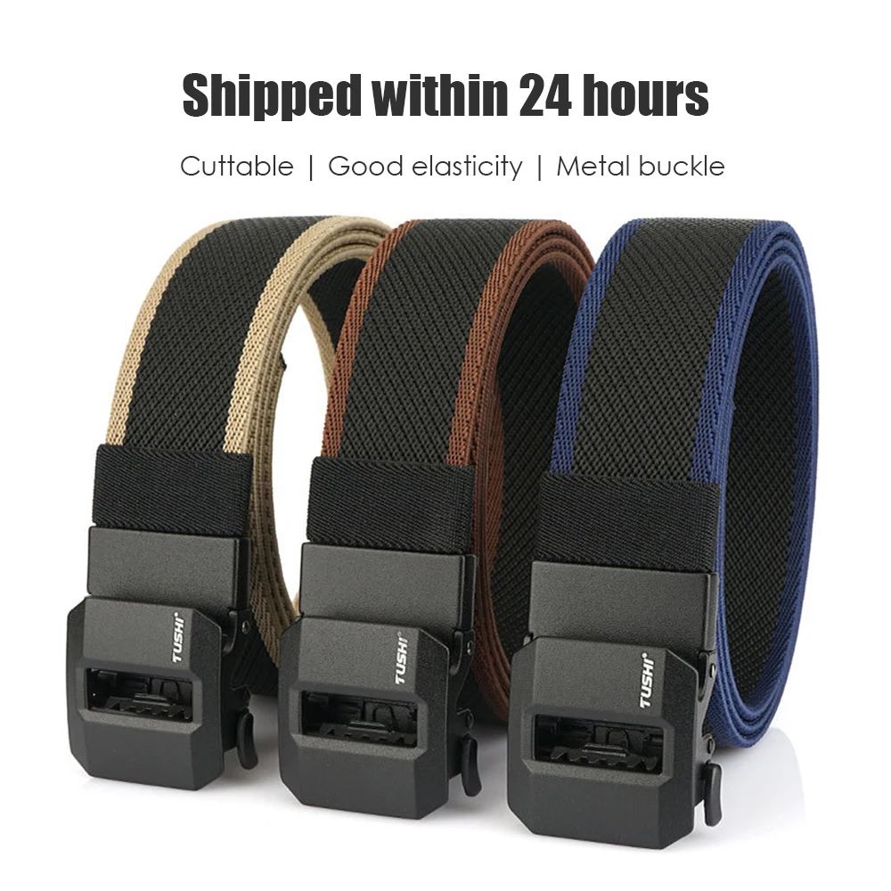 VATLTY Fashion Elastic Belt Matte Metal Automatic Buckle Jean Belt Soft Genuine Nylon Stretch Waistband Casual Belt for Men