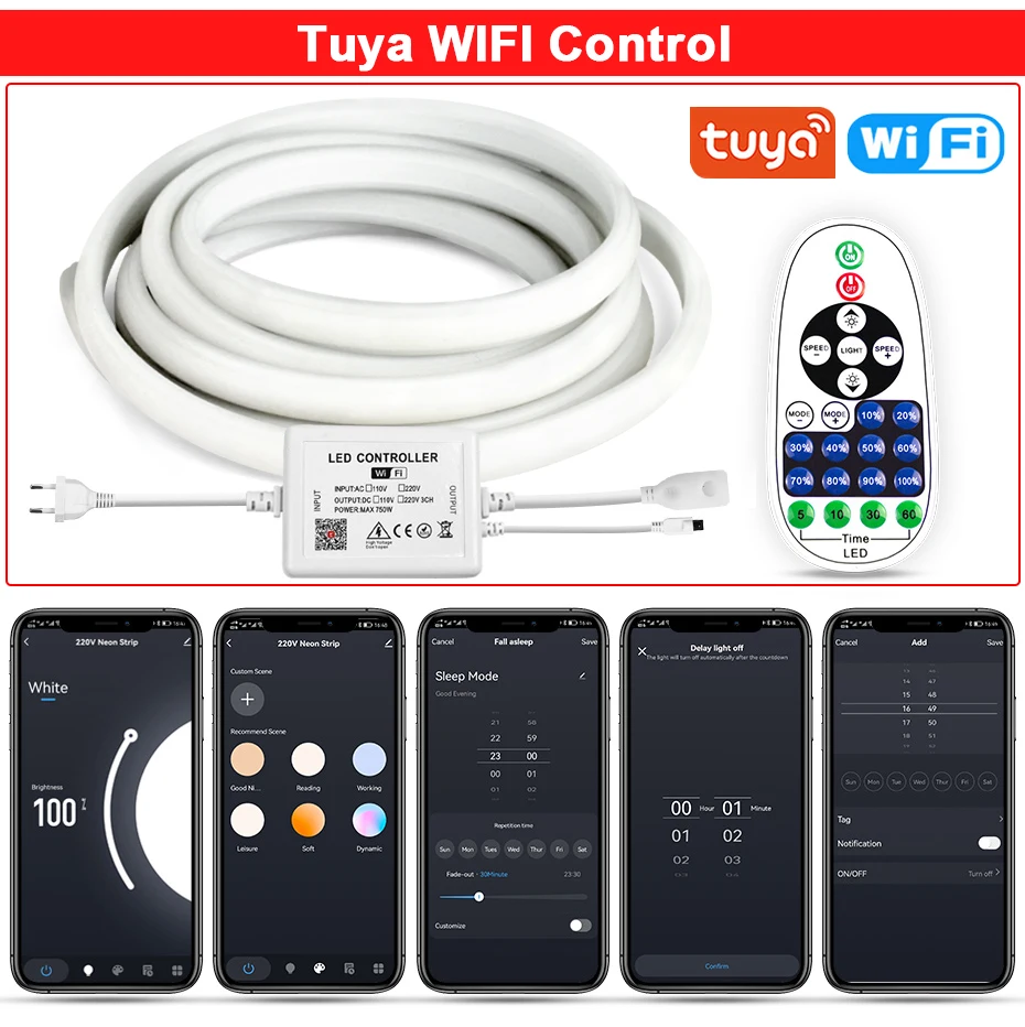 220V COB LED-Streifen 288LEDs/m IP65 Wasserdicht Tuya WiFi Bluetooth-Steuerung Fernbedienung Selbstklebend Flexibles Band mit EU-Stecker Dekoration – Detail 11