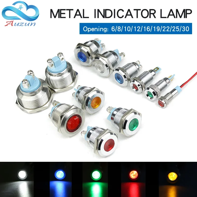 Metal LED Warning Indicator Light, Signal Lamp, 6V, 12V, 24V, 110V, 220V, 6mm, 8mm, 10mm, 12mm, 16mm, 19mm, 22mm, 25mm, 30mm