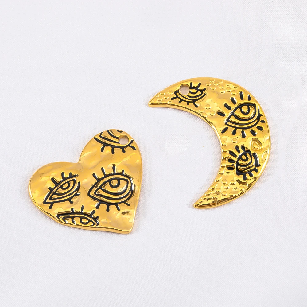 

2pcs 304 Stainless Steel Evil Eye Enamel Gold Color Pendant With Heart And Moon Shaped For DIY Necklace Charm Jewelry Finding