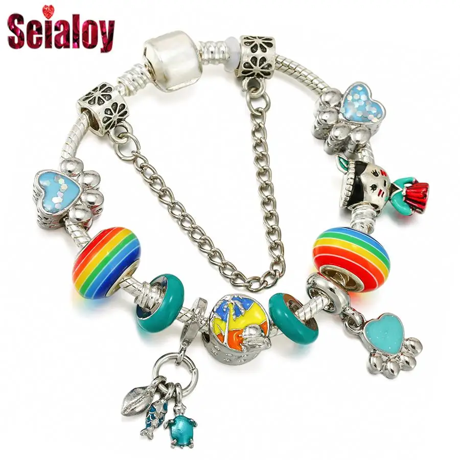 Seialoy Rainbow Beaded Ocean Beach Footprint Charm Bracelets Women Girls DIY Beads Silver Color Bangles Children Jewelry