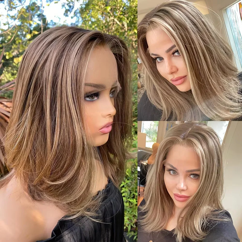 

Ash Brown Blonde Highlights Lace Front Wig 12 Inch Short Synthetic Hair Heat Safe 13x4 Invisible Lace Glueless Wig for Women