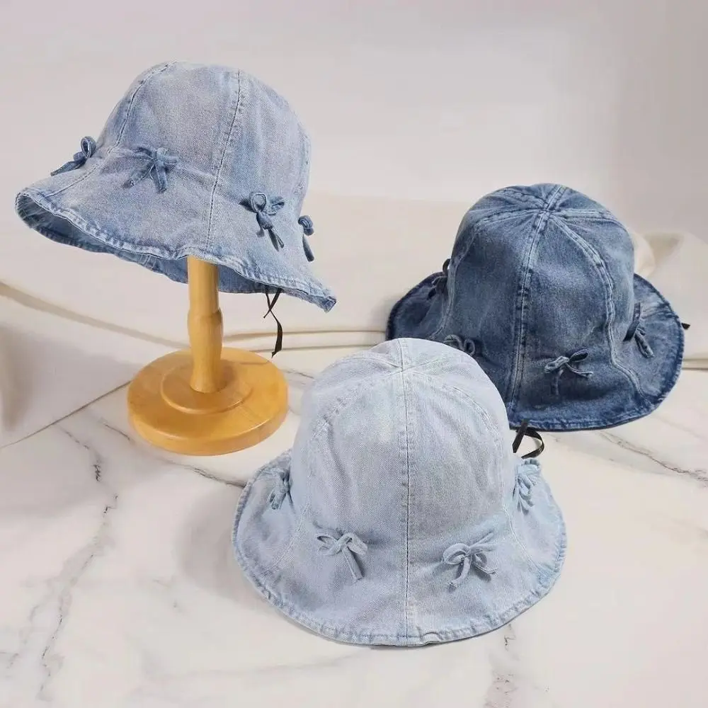 

Cute Korean Style Denim Bucket Hats Bowknot Sun Protection Bow Fisherman Hat Retro Ruffle Edge Basin Caps for Men Travel