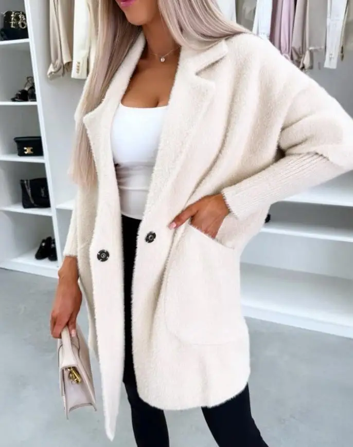 Women's Jacket 2025 Spring Autumn New Solid Color Turn-Down Collar Long Sleeve Casual Pocket Design Button Long Jacket Coat