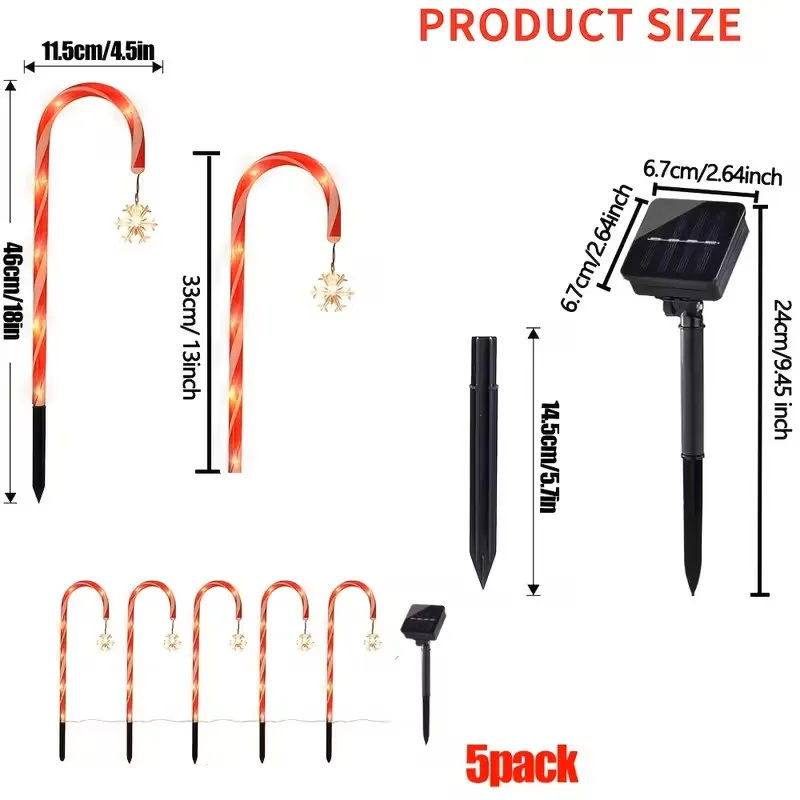 Luz solar de bastão de doces 5 em 1, decoração de Natal externa à prova d'água com padrão de floco de neve para quintal, gramado, entrada de automóveis, jardim