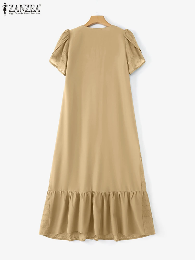 ZANZEA Letnia Bawełniana Długa Sukienka Damska Modna Koronkowa Sukienka Letnia 2025 Dekolt V Elegancka Codzienna Jednolita Krótki Rękaw Falbanki Maxi Vestidos