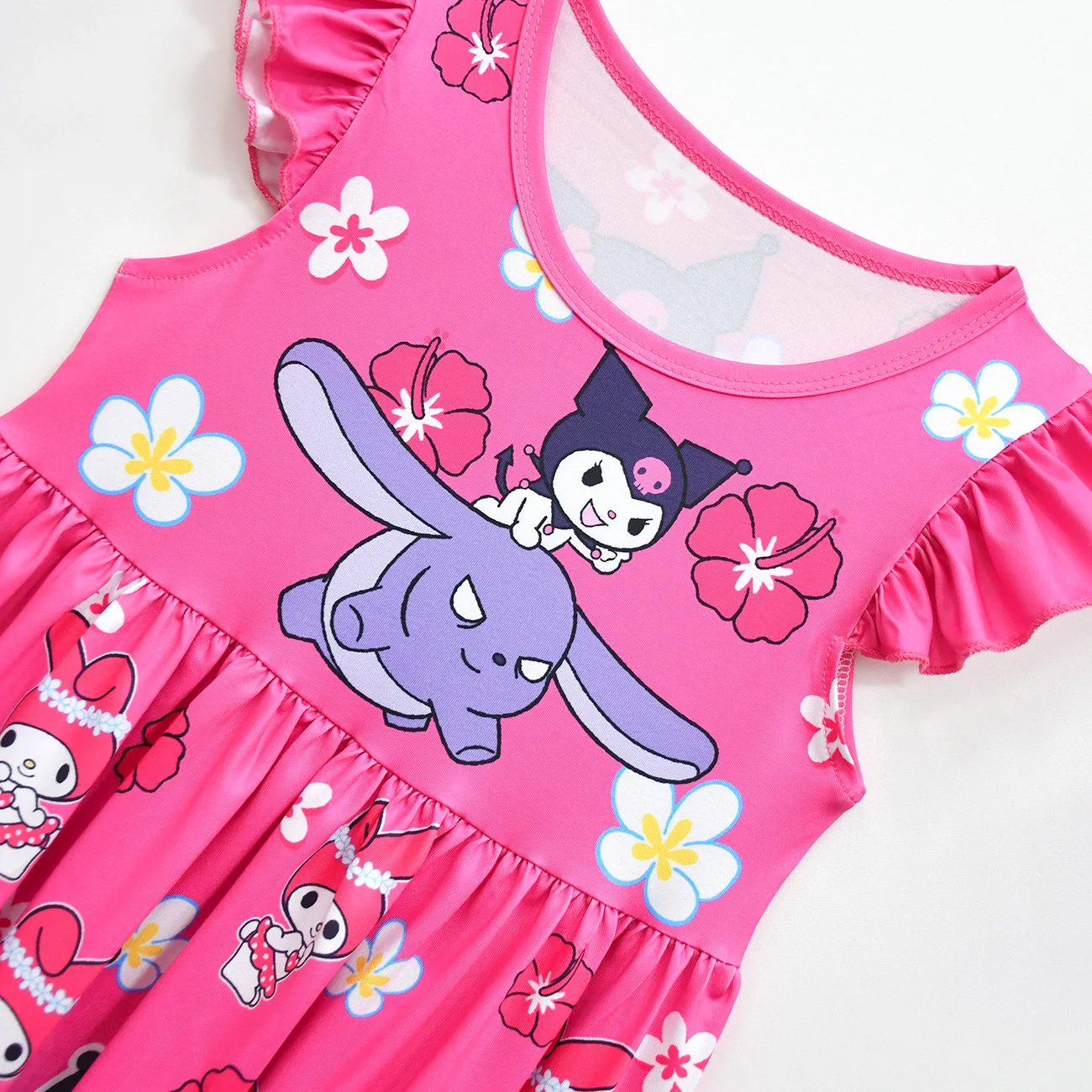 Summer New Clothes Girl\'s Dress Cartoon Print Dress Kuromi Princess Flying Sleeves A-line Dress Cotton Children\'s Clothing