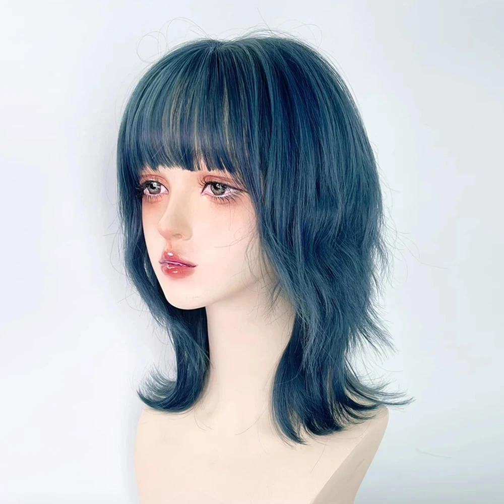 Blaue synthetische Vokuhila-Kopf-Perücke mit Pony, kurze, gerade Lolita-Anime-Cosplay-Perücke mit flauschigem Haar für die tägliche Party – Detail 3