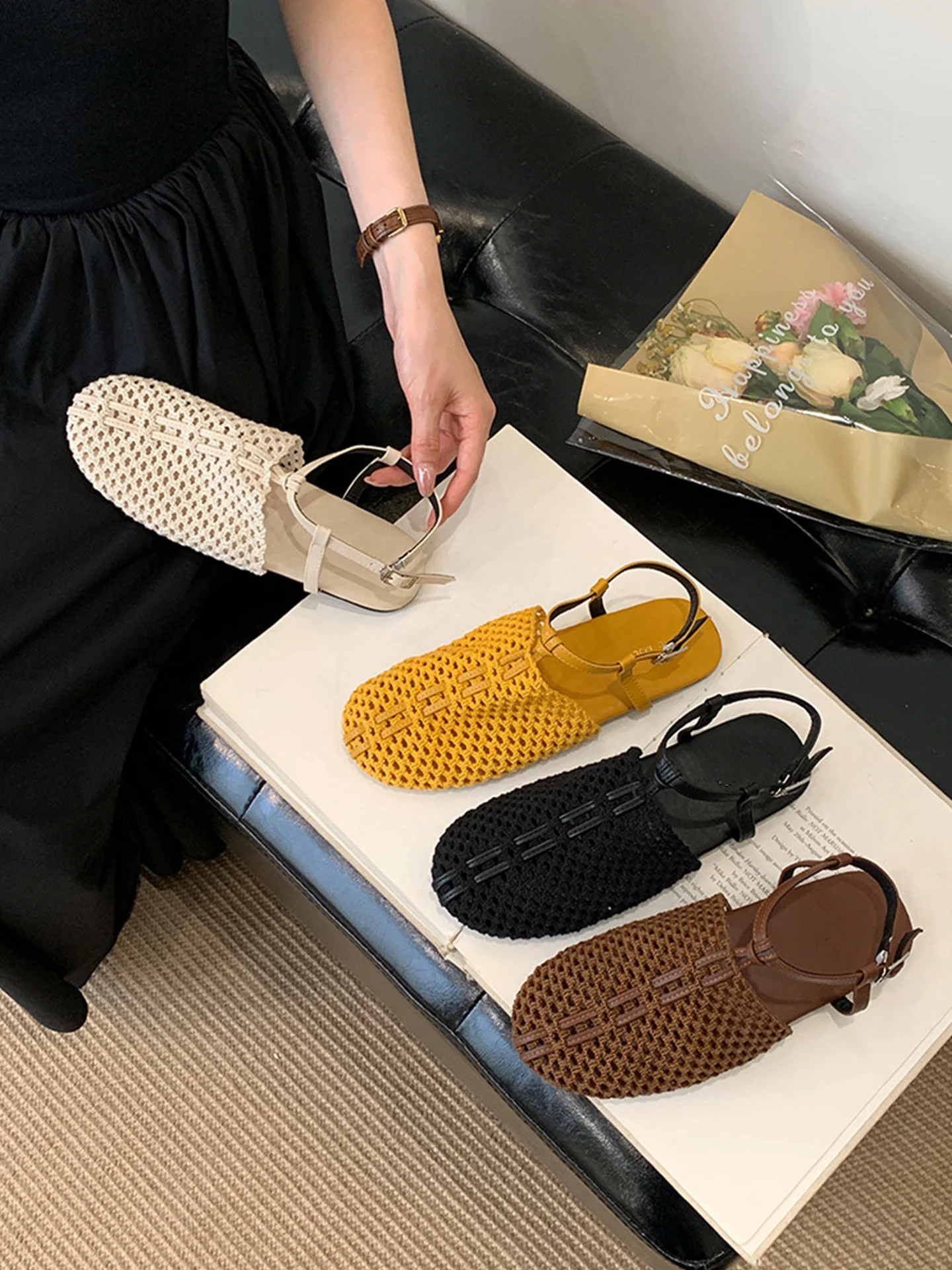 2026-summer-new-roman-style-woven-hollow-out-sandals-with-buckle-flat-bottom-fishing-net-slippers-for-women-casual-low-heel