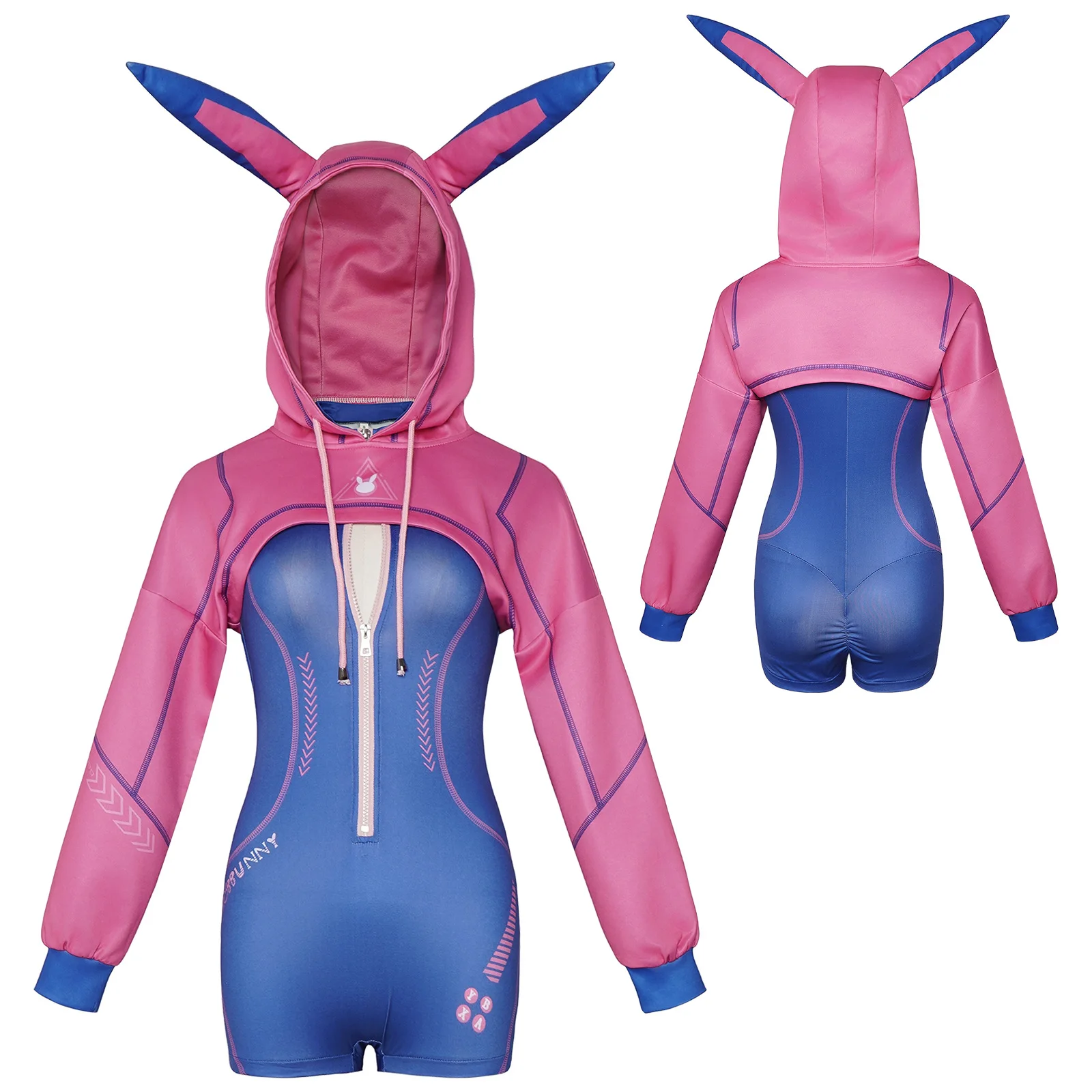 

Cyber Bunny D.Va Cosplay Costume Pink Blue Bunny Ear Hooded Jumpsuit for Women Halloween Carnival Party