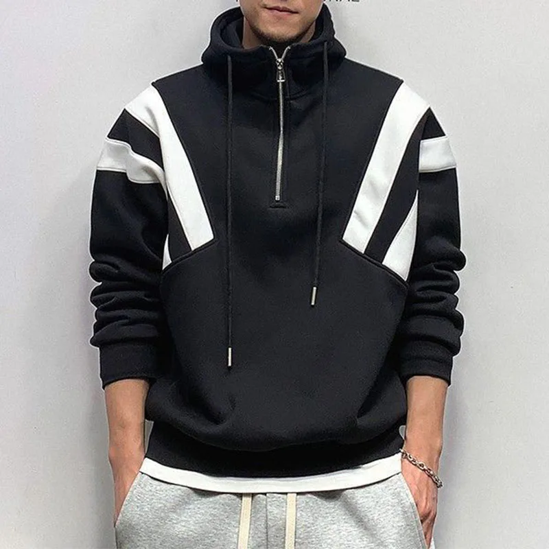 

Autumn Winter Large Size Sweatshirts Men Hooded Half Zipper Contrast Color Fashion Trend Preppy Style Long Sleeve Loose Hoodies