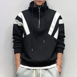 Autumn Winter Large Size Sweatshirts Men Hooded Half Zipper Contrast Color Fashion Trend Preppy Style Long Sleeve Loose Hoodies