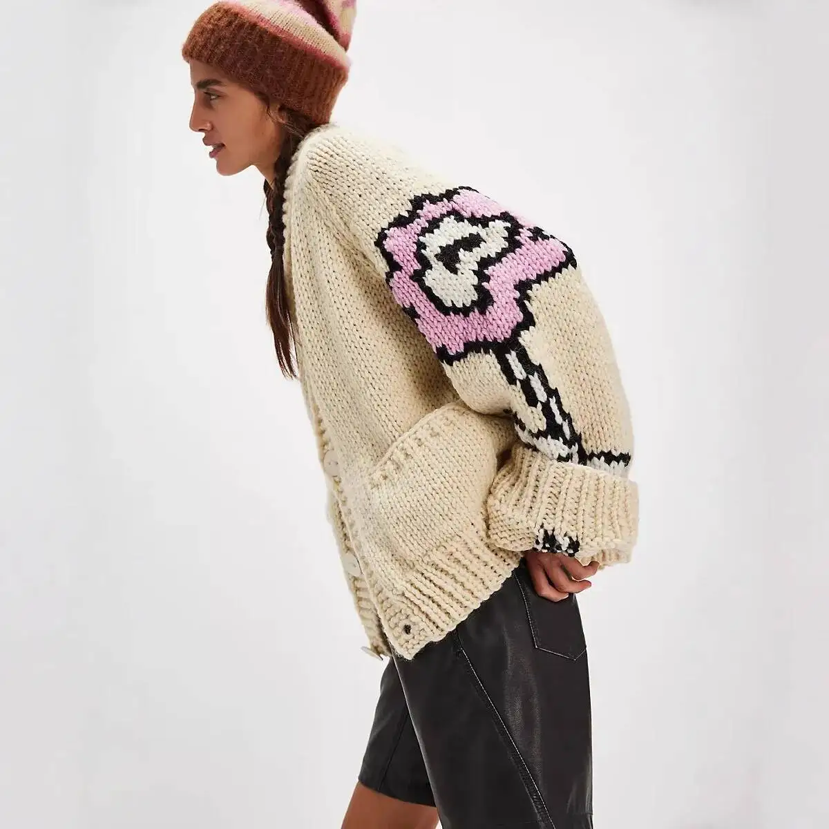 

Knitting Cardigan 2025 New Women's Sweater Unique Trendy Street Printed Cardigan Collared Knitwear