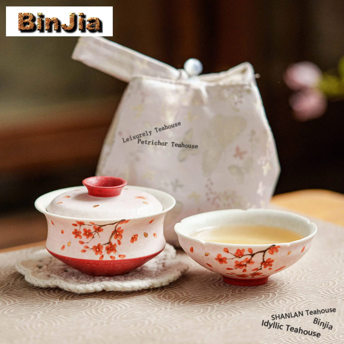 

Hand-painted Plum Blossom Travel Tea Set Kit Retro 1 Pot 3 Cups Tea Maker Organizer Portable Camping Handbag Supplies Gift