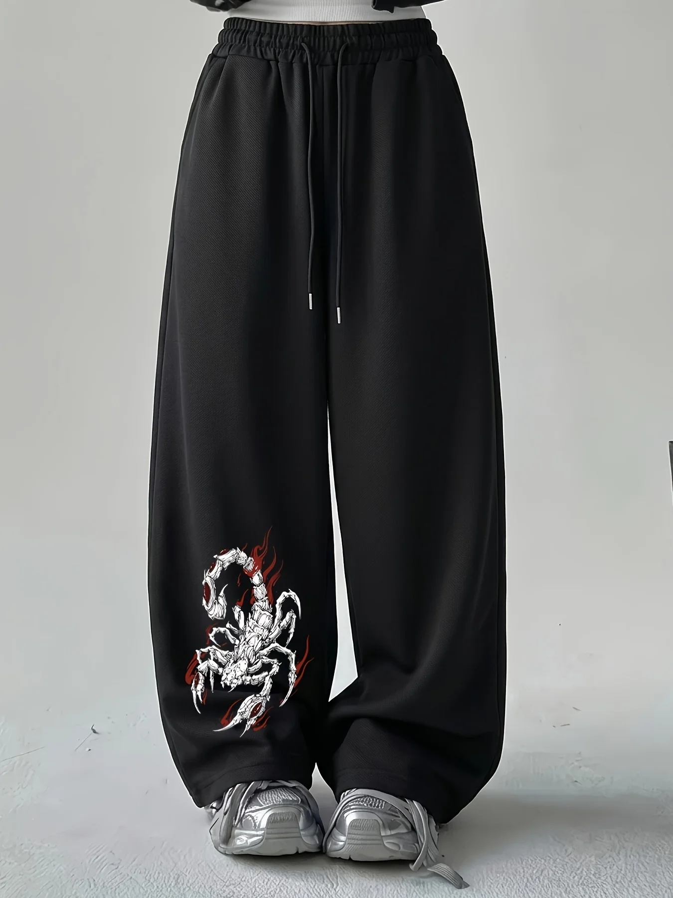 Women Scorpion Flame Print Wide Leg Sweatpants Elastic Drawstring Loose Streetwear Gothic Casual Trousers