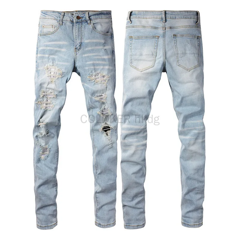 

Jeans for Men Designer Straight Slim Fit Patchwork Jeans Comfort Skinny Biker Denim Pants Light Blue Trousers