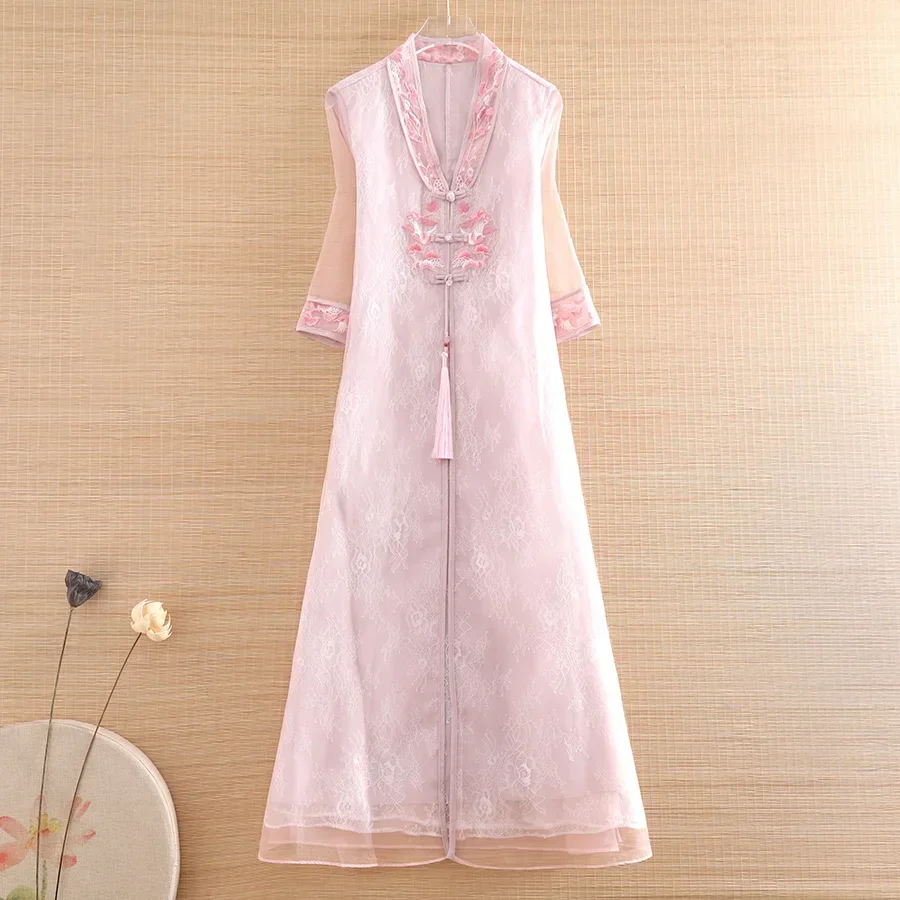 High Quality Spring Summer Chinese Style Tassel Organza Hanfu Dress Embroidery Floral Retro Elegant Loose Women Dress S-XXL